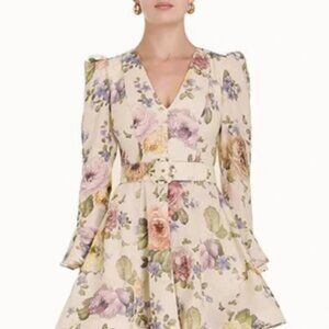 NWT Zimmermann Luminosity Lyrical V Neck Bell Sleeve Floral Linen Mini Dress 0